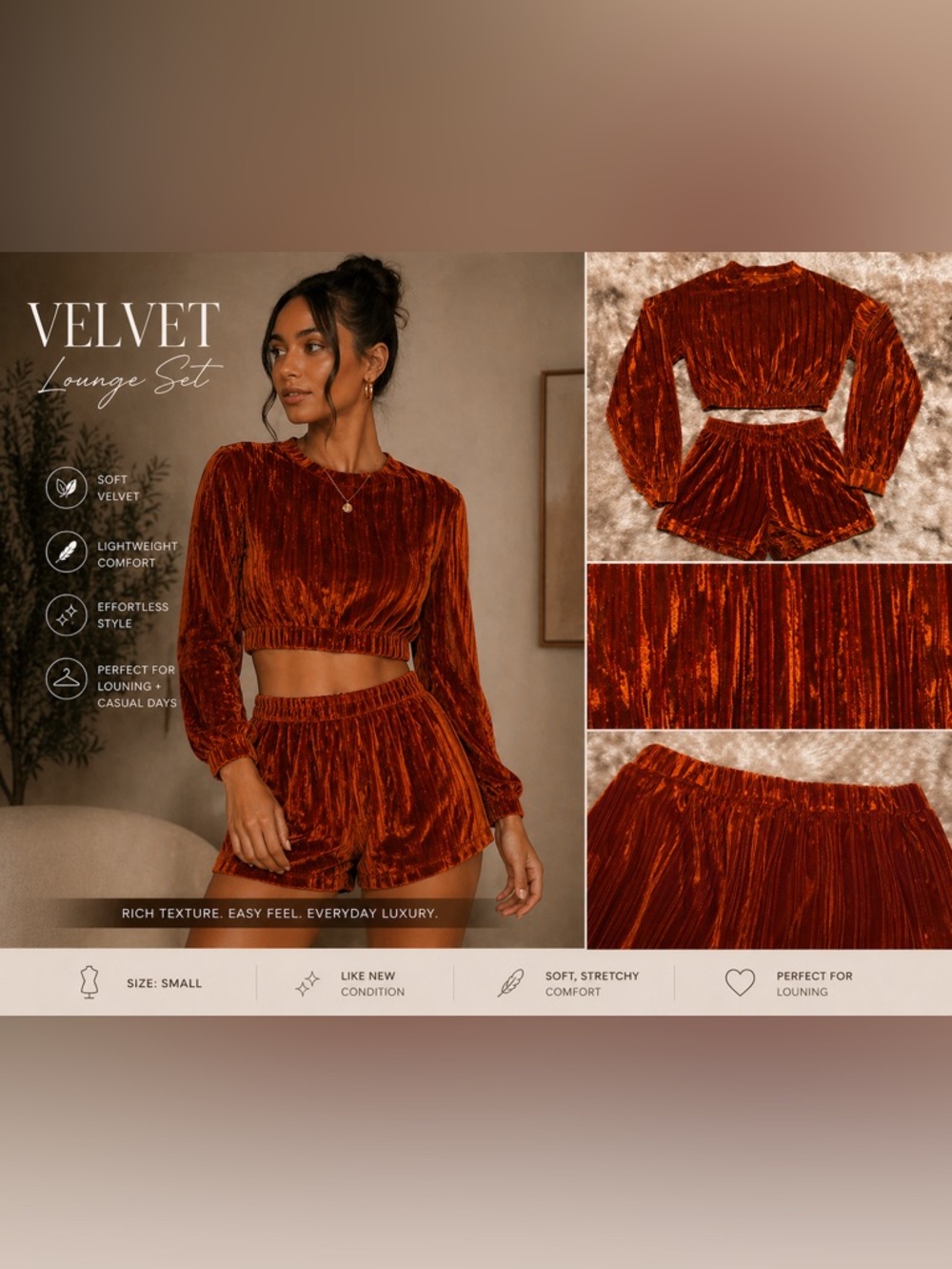 Velvet High Waist Lounge Shorts - Rust